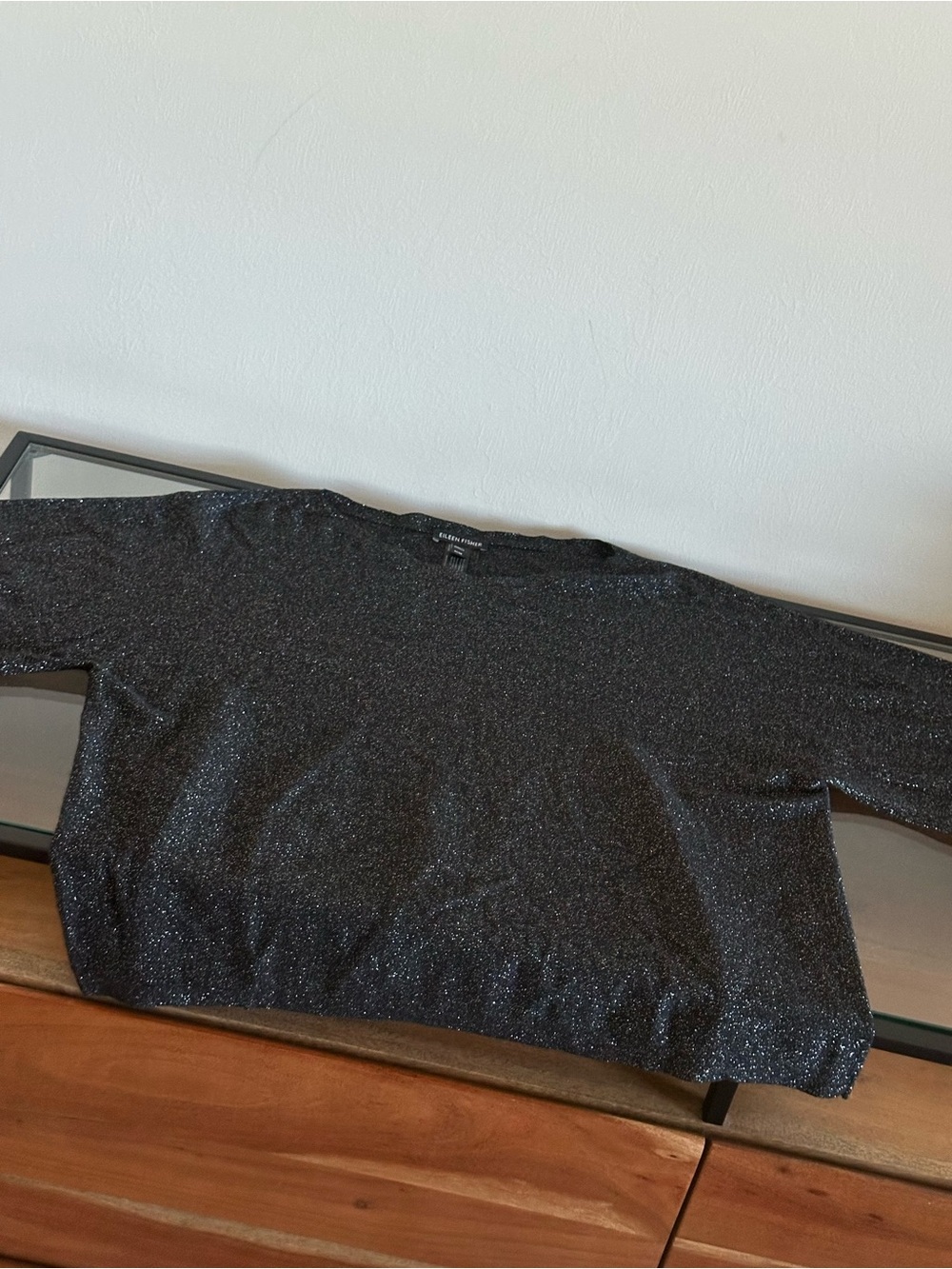 Eileen Fisher Black Metallic Wool Silk Cashmere 3/4 Sleeve Sweater Size M